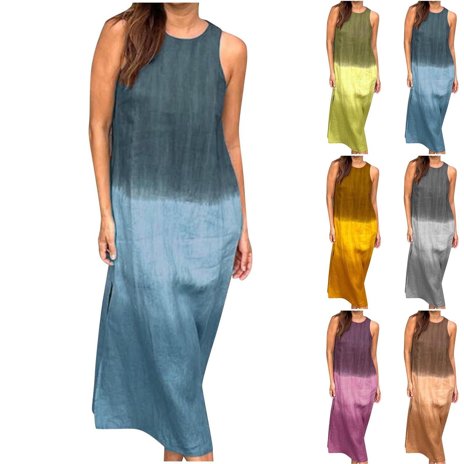 

Women s Gradient Sleeveless Tank Dress Split Hem Loose Fit Summer Crewneck Flowy Casual Beach Dresses XXXXL синій