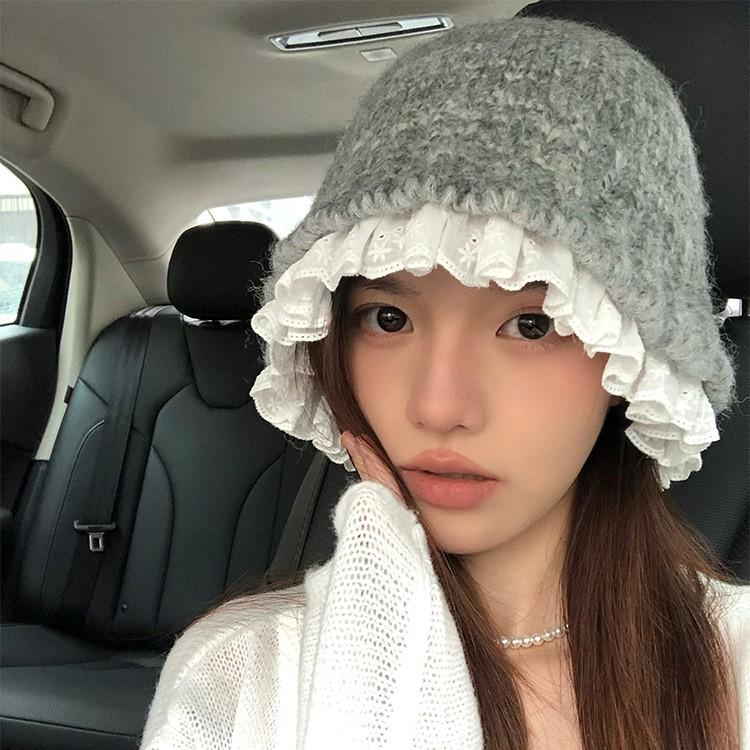 Lace lace bucket hat autumn and winter warm knitted pot hat versatile face small sweet wool hat women