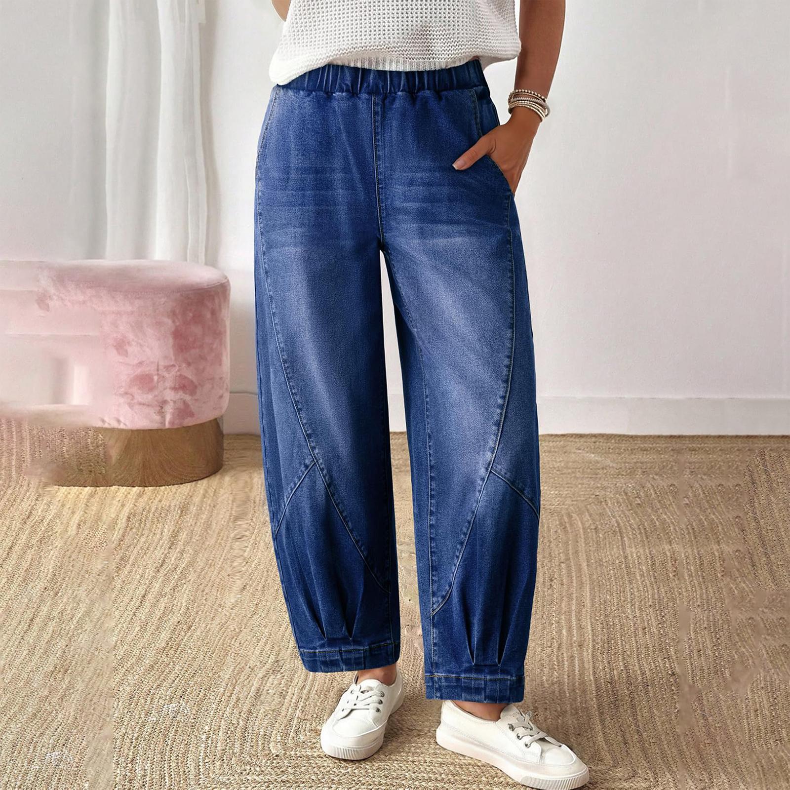 Womens Barrel Jeans Elastic High Waisted Stretchy Baggy Wide Leg Jeans M