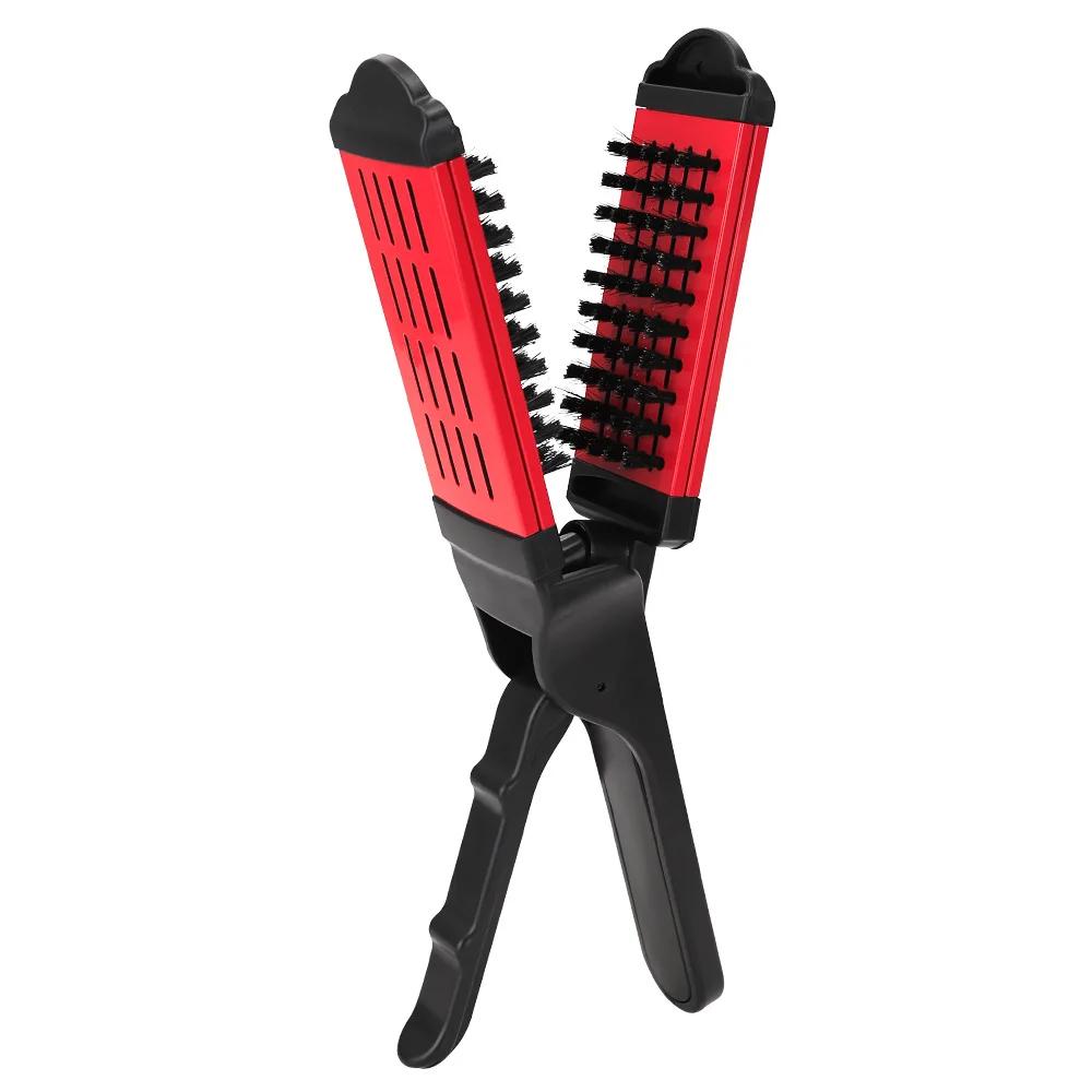 Women Splint Clamp Combs Double Sided V Brush Natural Ceramic Plywood Straightening Comb Women Styling Tools Hair Straightener