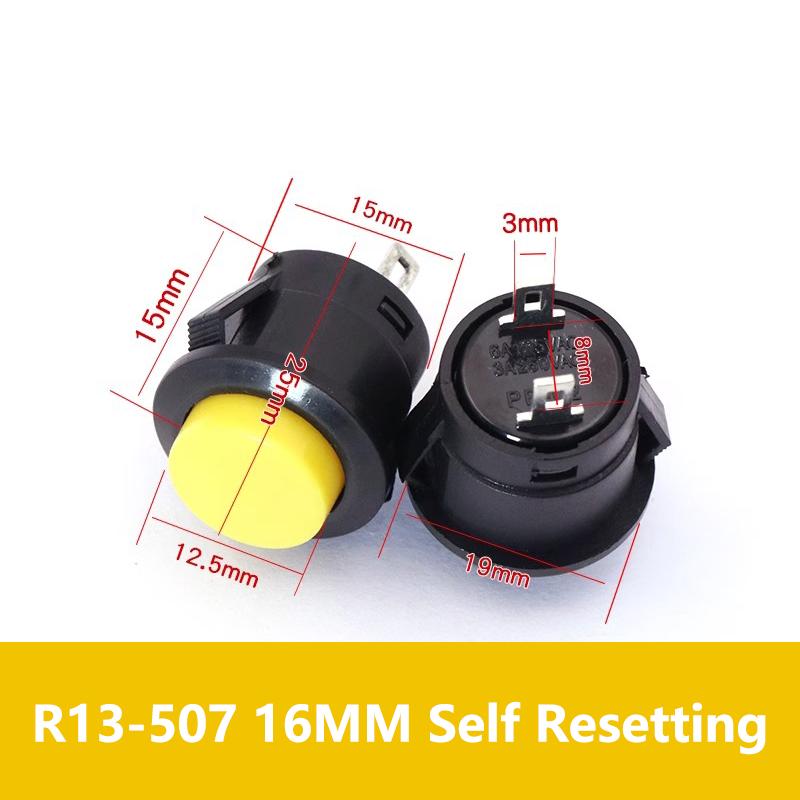 5/20PCS R13-507 Snap on Button Inching Switch 16MM Round Lockless Self Reset Switch Panel Mounting 3A125V/1.5A250VAC