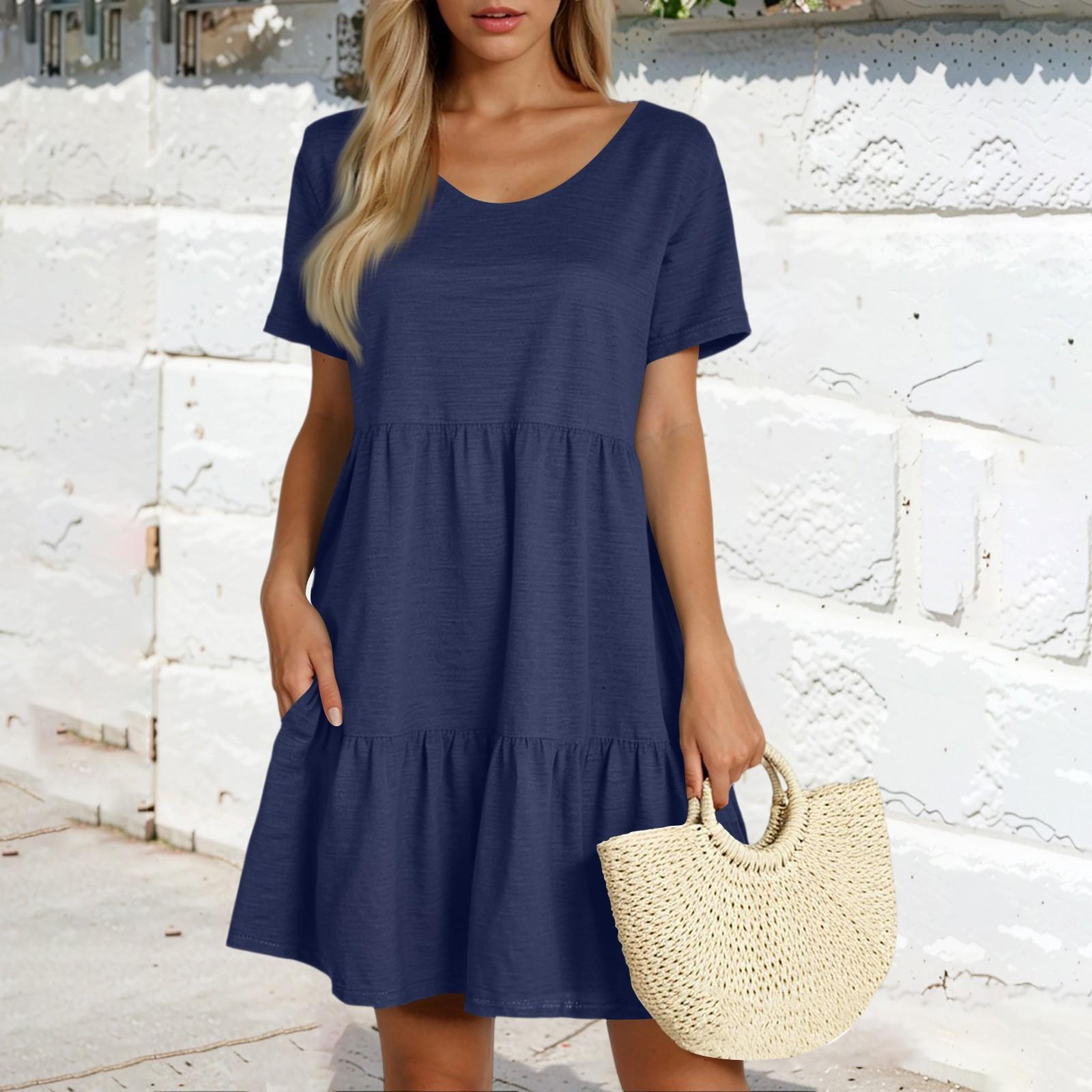 

Женская повседневная модная юбка с круглым вырезом и коротким рукавом, однотонная юбка-торт XL тёмно-синий