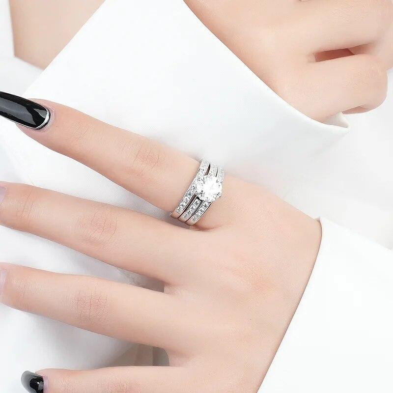 Bagues Moissanite rose véritable 2CT pour femmes, 3 pièces, Halo brillant, imitation diamant, bracelet de promesse, argent Sterling S925, 3 couleurs