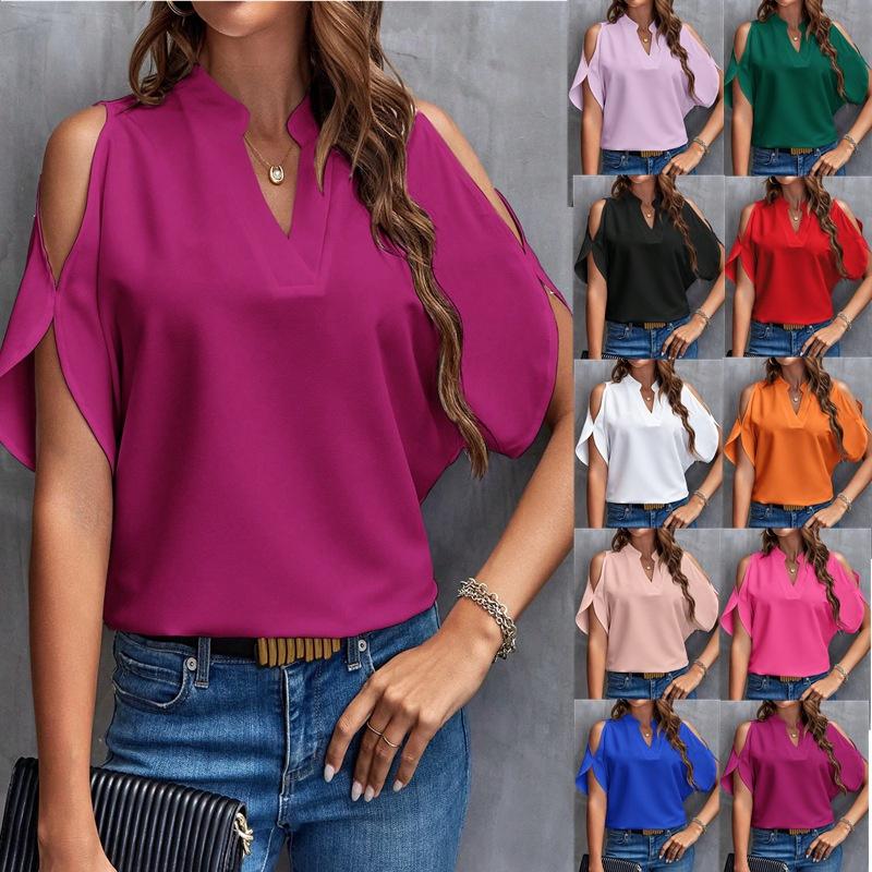 2026 Summer New V-neck Elegant Short-sleeve Fashionable Off-shoulder Women's Solid Color Top