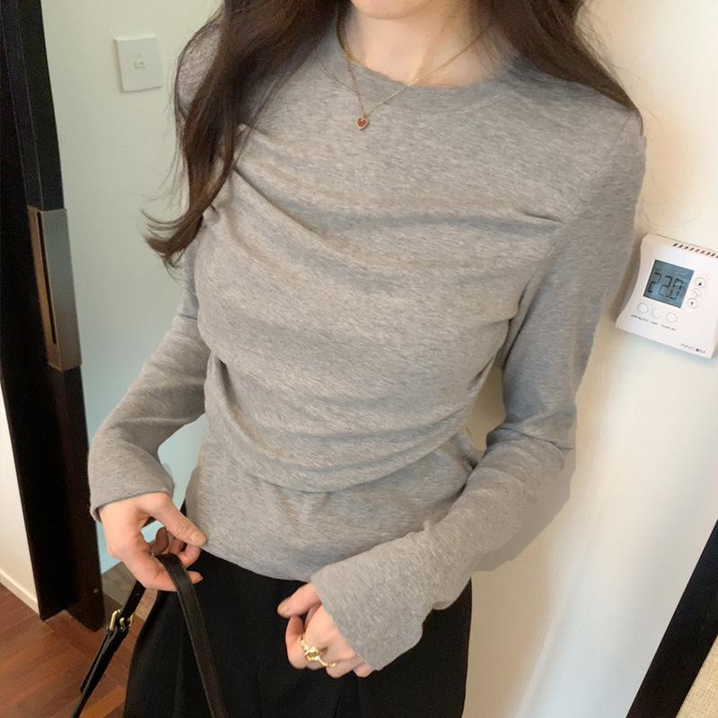Design Nische plissiertes Langarm-T-Shirt Damen Herbst und Winter neu Slim Fit kurz vielseitiges Unterteil