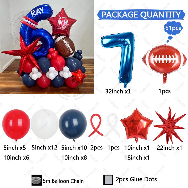 51Pcs Rugby Balloons 32inch Blue 1-9 Number Rugby Foil Balloon five-pointed star Globos Baby Shower Boy Birthday Party Decors