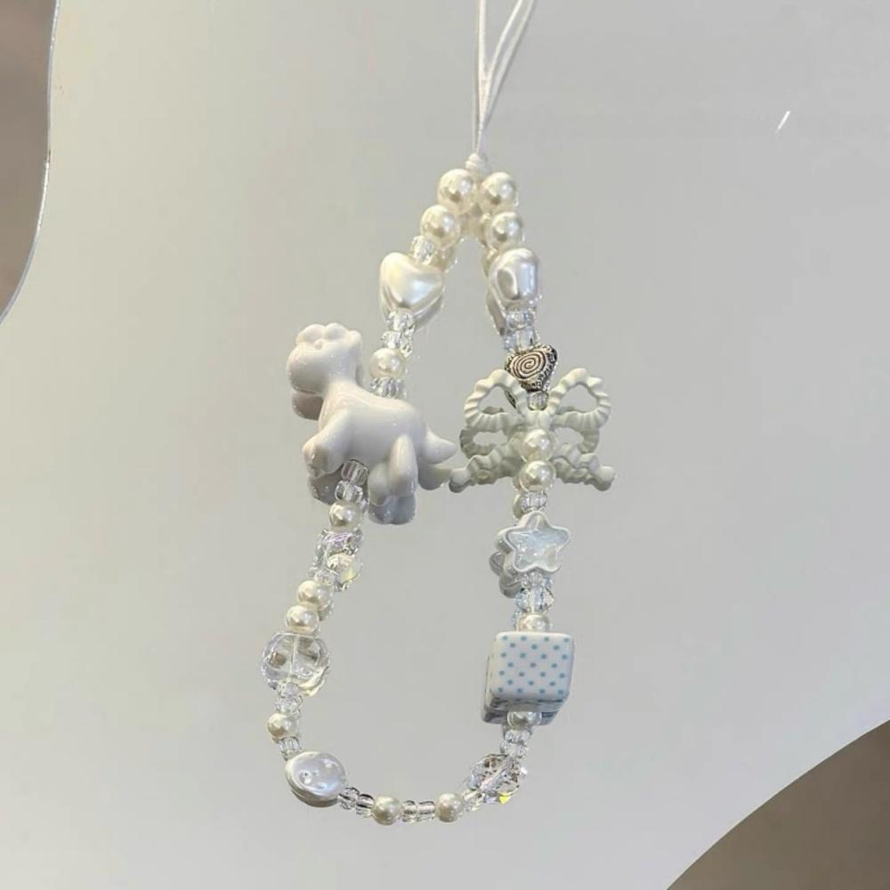 ins style white pony bow beaded phone strap for ccd camera bag charm phone case lanyard