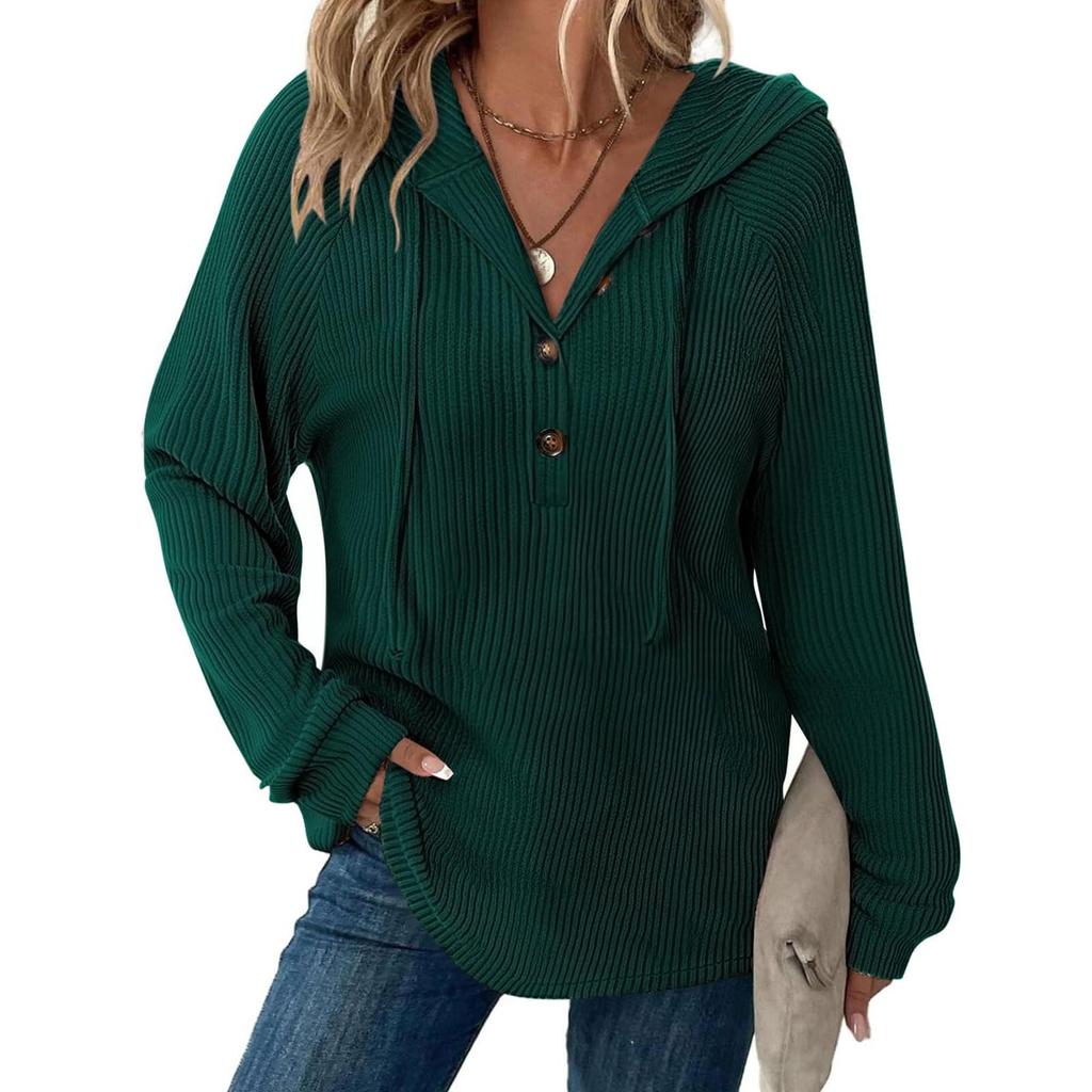 Women's Fashion Long-Sleeved Hooded Sweatshirt With Drawstring And Button-Up V-Neck Pullover Casual Sports Sweatshirt Top