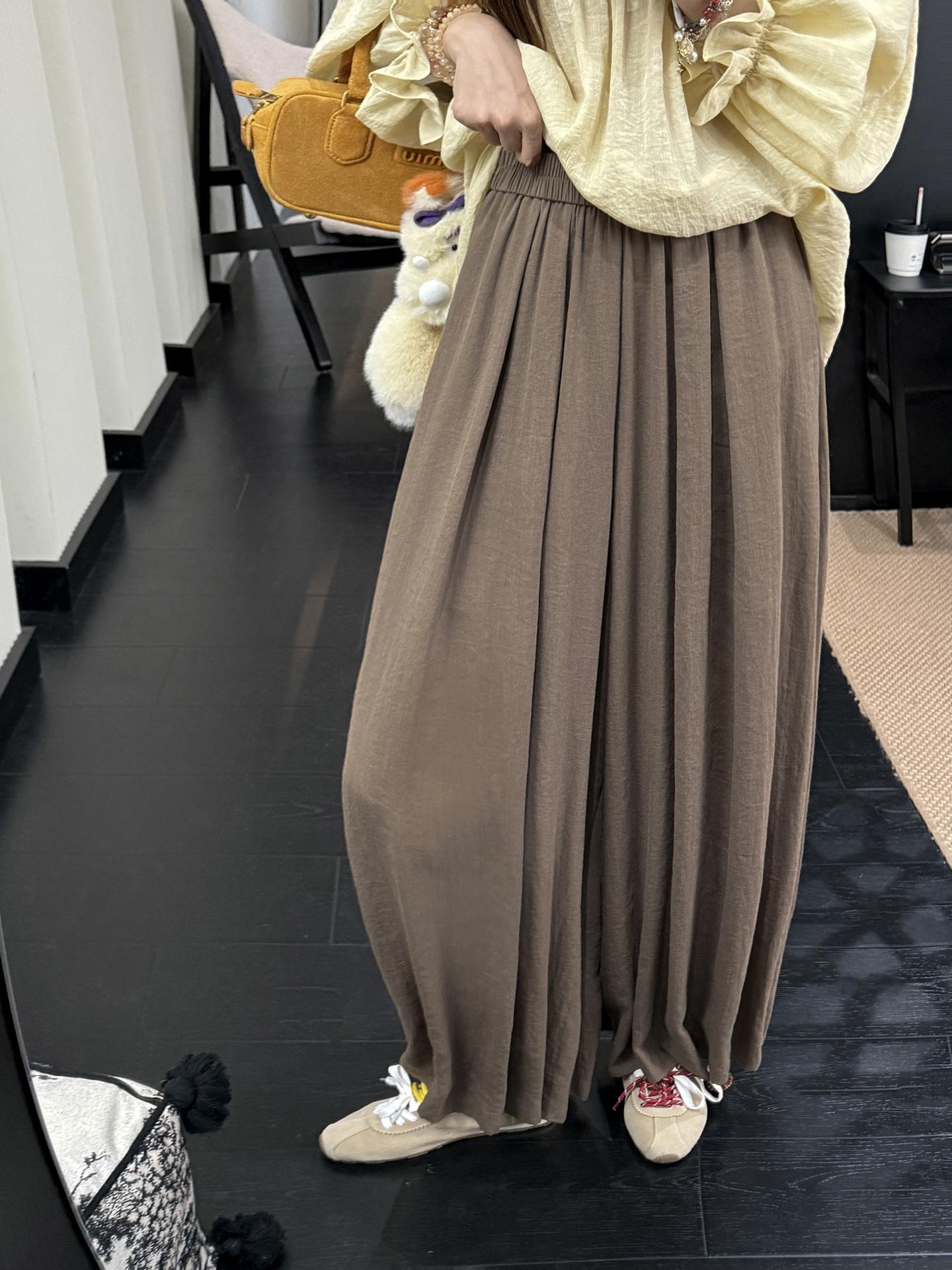 Coffee Lyocell Linen Blend Wide-Leg Palazzo Pants with Pleated Cuffs Medium