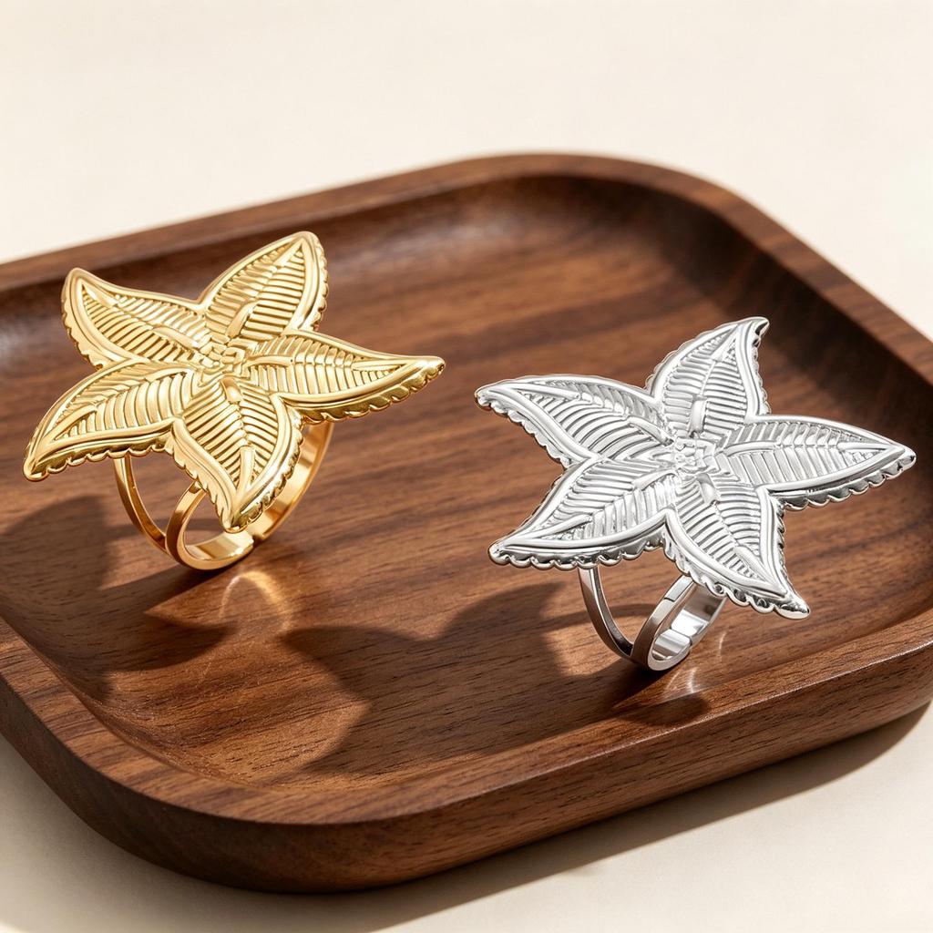 18K Gold Plated Stainless Steel Starfish Ring - Open & Adjustable, Retro Exaggerated Design