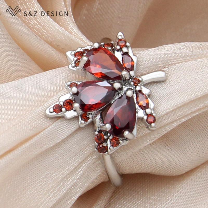 Fashion Cubic Zirconia Leaf Red Maple Adjustable Rings For Women Wedding Elegant Rose Gold Color Jewelry Gift