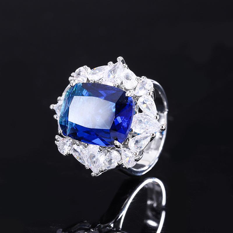 Jewelry Simulation Blue Glass Pendant Ring Handmade Diamond Set Main Stone 12 * 16