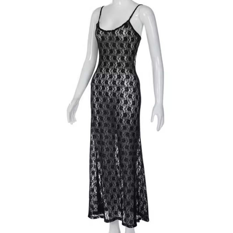 European and American Women's Summer Plum Blossom Mesh Suspender Sexy Backless Temperament Long Skirt Dress for Women
