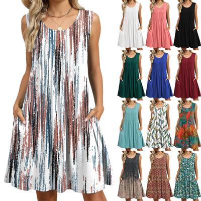 Women's Fashion Casual Color Printed Vest Loose Pocket Dress
