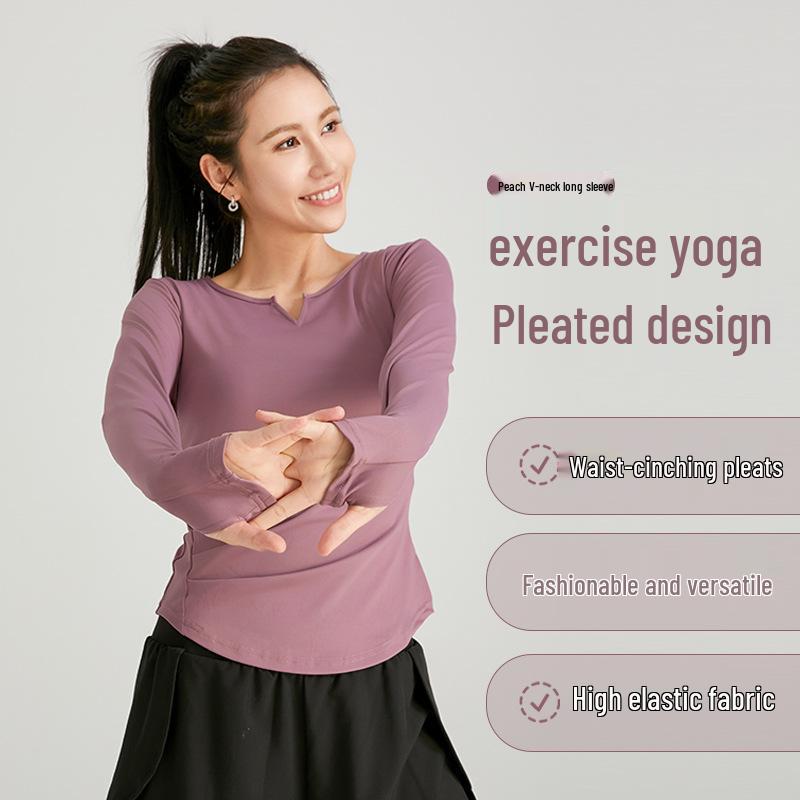 Women's Slimming V-neck Long Sleeve Fitness Top - Solid Color, Versatile for Outdoor and Yoga.