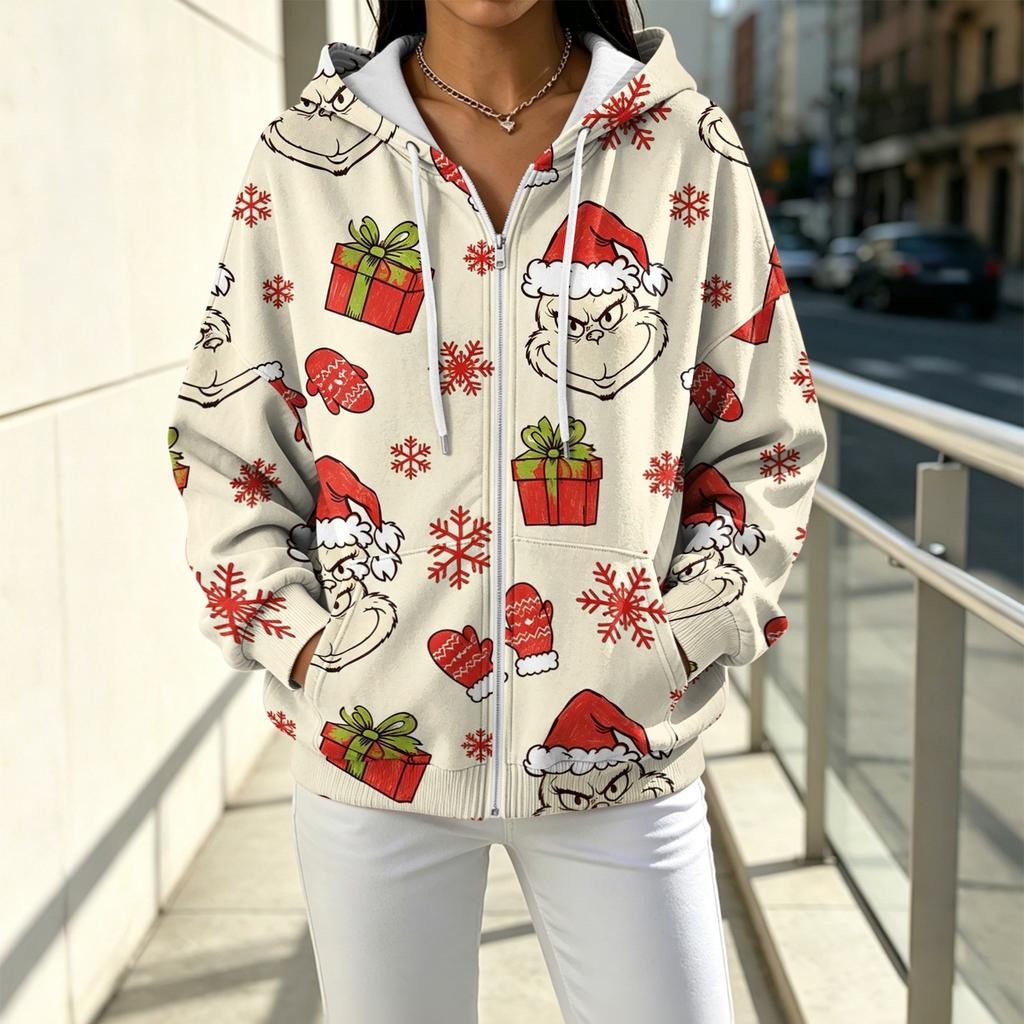 Women's Casual Loose Fit Printed -Lined Hooded Zip-Up Cardigan
