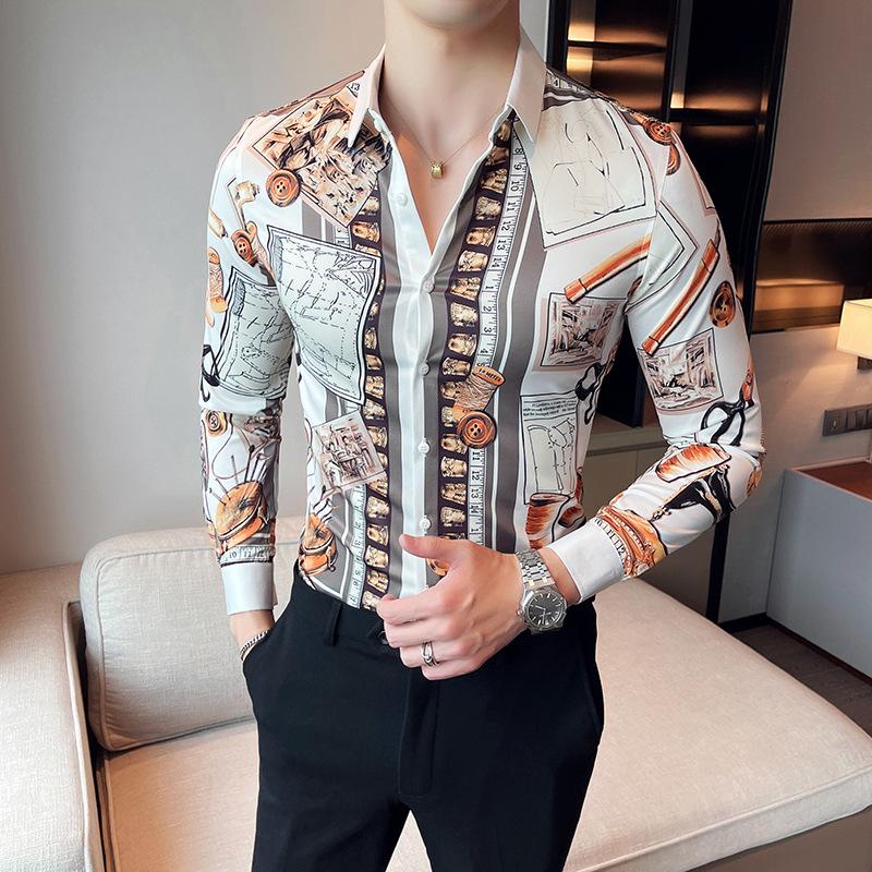 New Style Shirt Temperament Shirt Personality Printing Men's Korean Style Long Sleeves