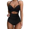 One Piece Swimsuit Women Halter Neck Cutout Waist Detail Floral Print Plus Size Swimwear Beachwear