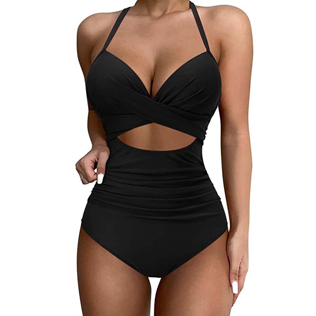 One Piece Swimsuit Women Halter Neck Cutout Waist Detail Floral Print Plus Size Swimwear Beachwear