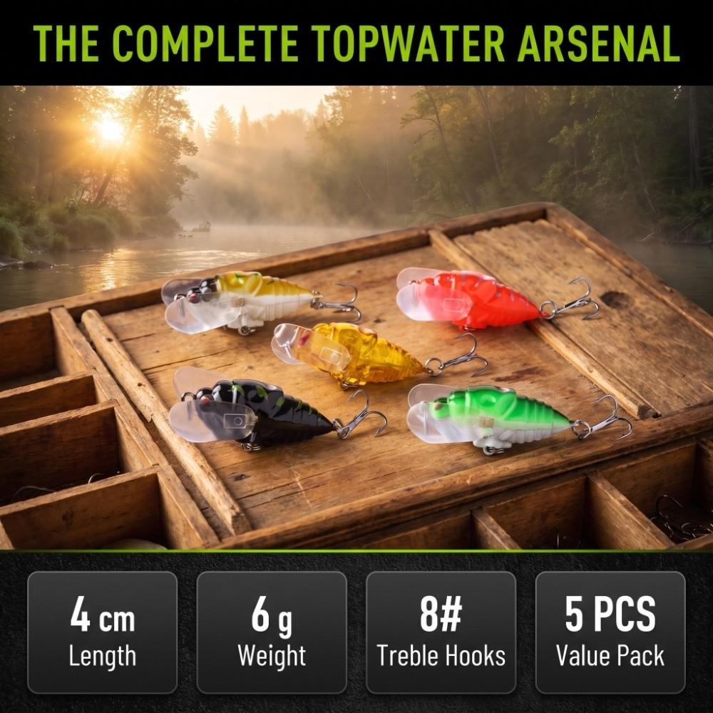5PCS with Double Triple Hook Popper Hard Lure 4cm 6g Bass Fishing Lures Saltwater