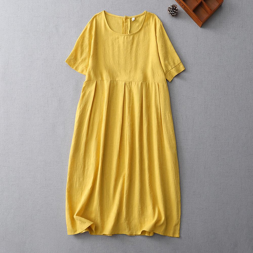 

Новое национальное платье из хлопка и льна однотонной расцветки, женское летнее свободное и тонкое платье с круглым вырезом и короткими рукавами, темпераментная жаккардовая длинная юбка 2XL жёлтый