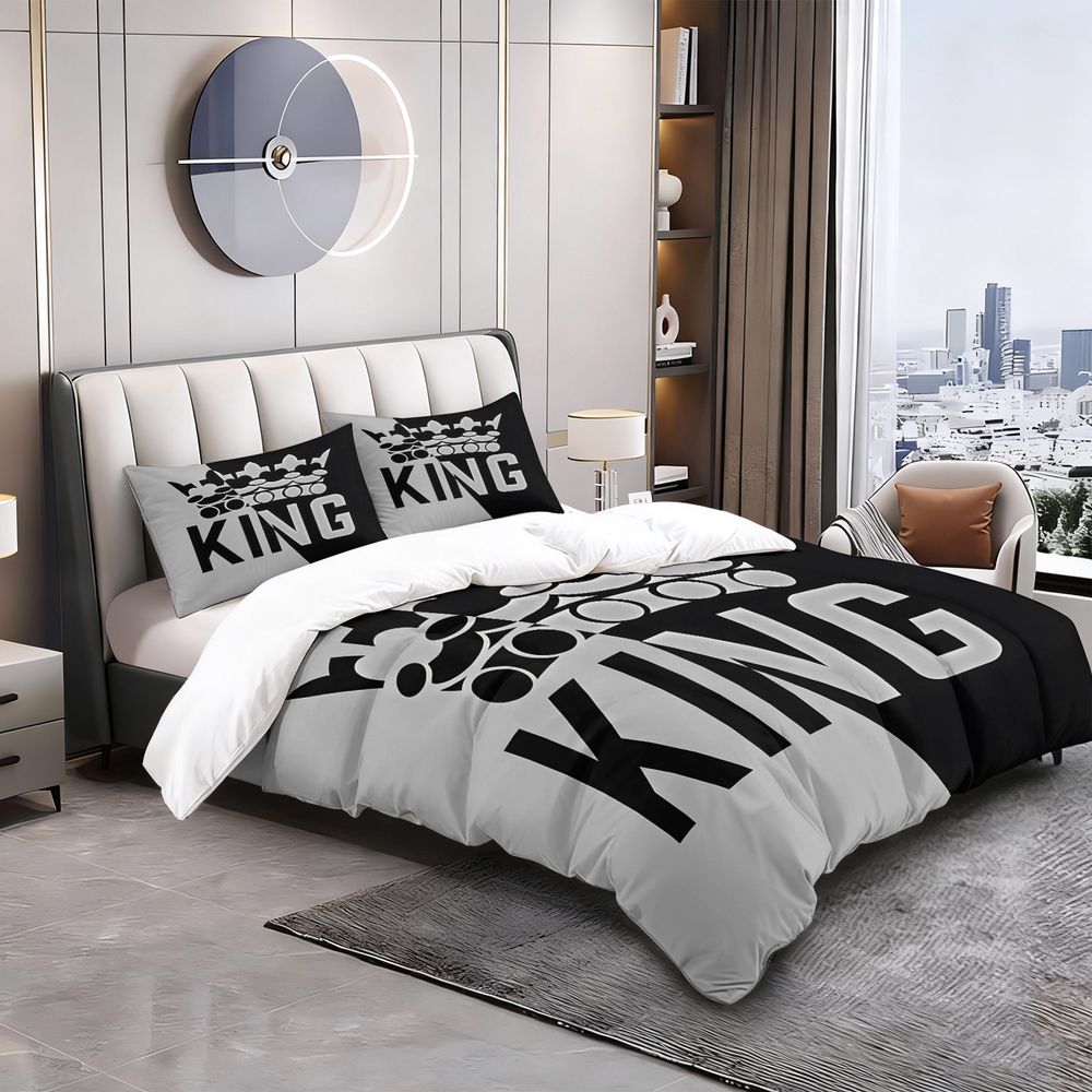 King Crown Print Duvet Cover Set(1 Duvet Cover & 1/2 Pillowcase) Minimalist Black and Gray Bedding Set for Modern Bedroom Decor