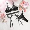 Women’s Summer Sexy Lingerie Set, Mesh Push-Up Spaghetti Strap Bra with Heart Bow, Metal Ring Garter Belt and Panty