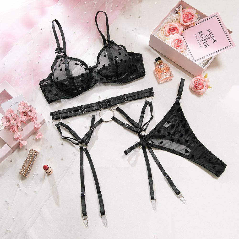 Women’s Summer Sexy Lingerie Set, Mesh Push-Up Spaghetti Strap Bra with Heart Bow, Metal Ring Garter Belt and Panty
