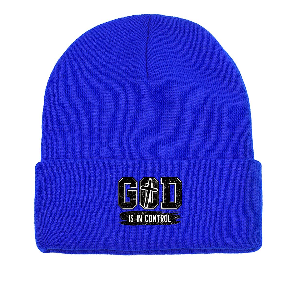 

GOD IS IN CONTROL Winter Knit Cap Beanie, Skull Cap Autumn Stretchable Solid Bobble Hat Knitted Hat Beanie as the picture синий