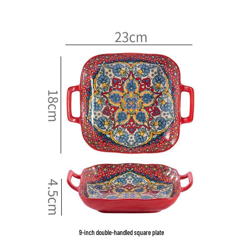 Bohemian Čtvercový keramický jídelní talíř se dvěma uchy - Kreativní, Trendy miska na ovoce