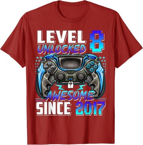 Level 8 Unlocked Awesome Since 2017 8th Birthday Gaming TShirt Born in 2017 Video Game Controller Graphic Tops Gamer Saying Tee S