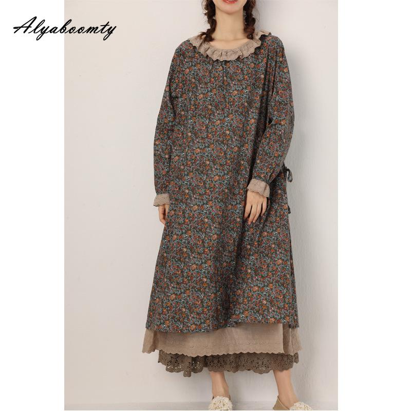 Japanisches Mori-Mädchen Frühling Herbst Damen Midikleid Rüschenkragen Blumendruck Patchwork Retro Kleid Vintage Baumwolle Leinen Stickerei Aushöhlen Kleid