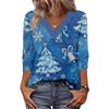 Women's Loose Comfortable Casual Fashion V-Neck Christmas Print 3/4 Sleeve Top