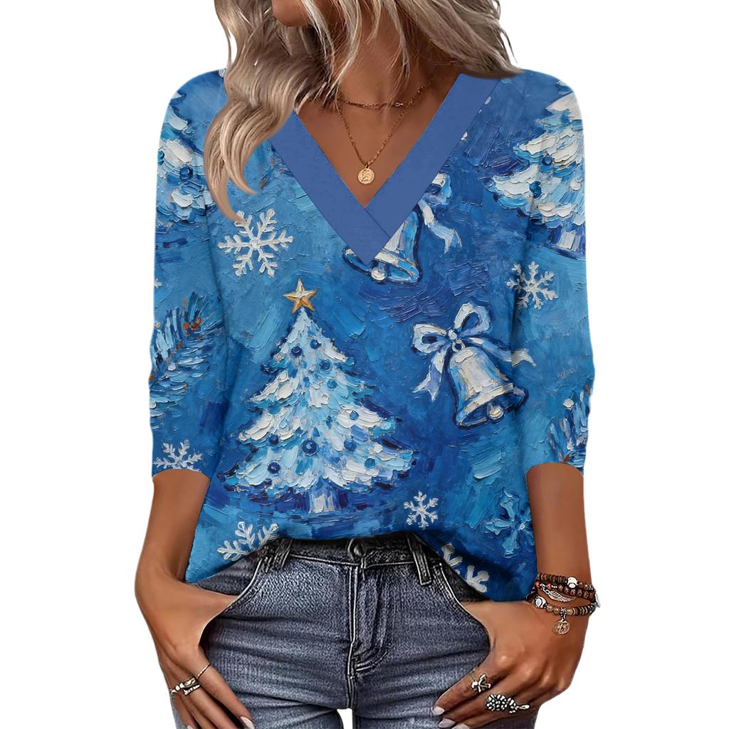 Women's Loose Comfortable Casual Fashion V-Neck Christmas Print 3/4 Sleeve Top