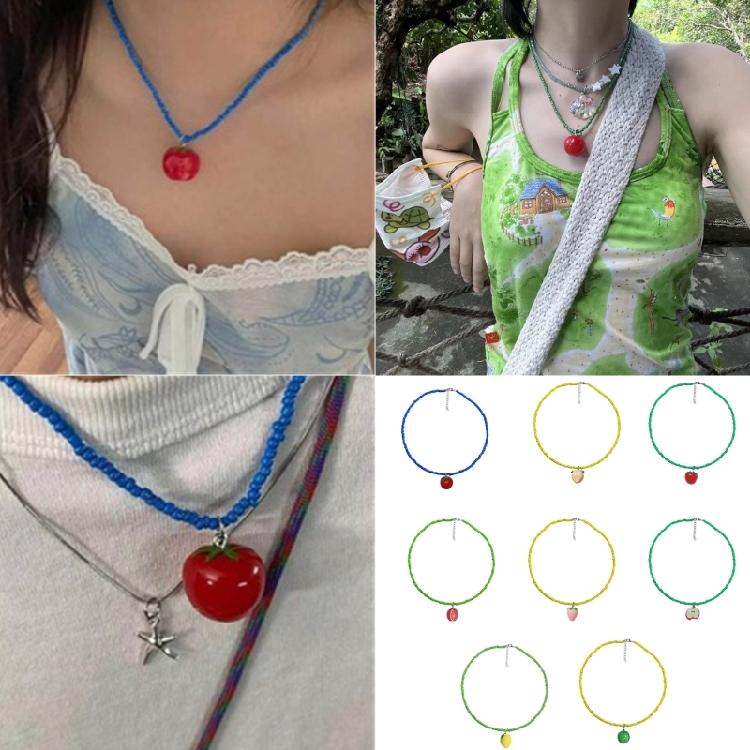 Lightweight Rice Bead Necklace Fruit Pendant Neckchain Adjustable Length Clavicle Chain Accessories for Everyday Use