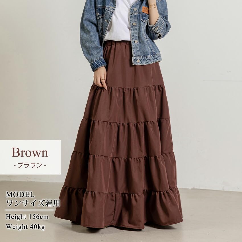 DAYCLOSET Tiered Flared Long Loose Skirt009 Women's Skirt, Length, Fit, A-Line, Lightweight, Spring/Summer, (M, Brown)