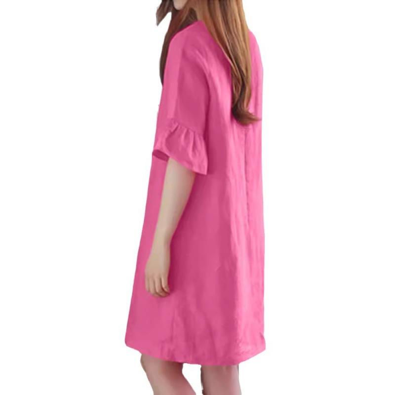 Bomull Lin Kjole Dame Sommer Kort Erme Casual Løs Kjole Dame Gate T-skjorte Kjole Vestidos