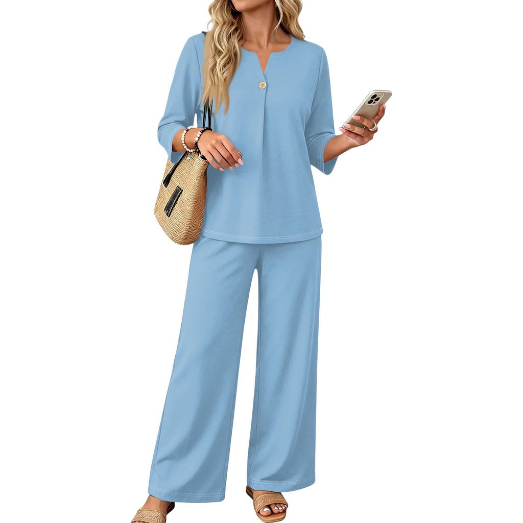Women's Casual Two-Piece Outfit Set Color 3/4 Sleeve Button Front Top with Wide Leg Pants for Everyday Wear