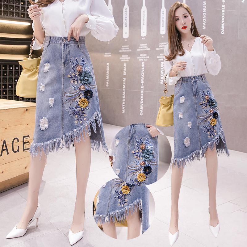 Spring 2026 Women s Irregular Denim Skirt with Tassels and 3D Floral Design XL синий