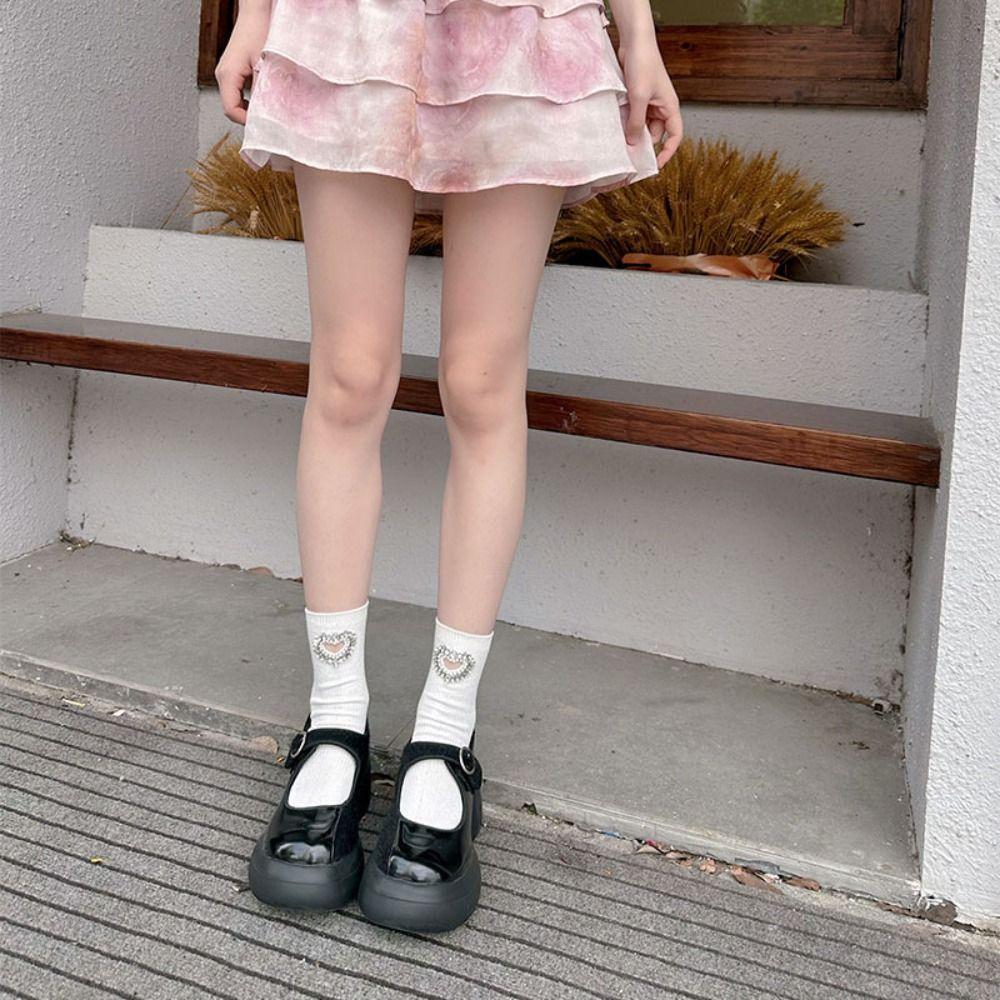 JK Rhinestone Heart Socks Cotton Mid-calf Socks Women Breathable Y2K Tube Socks  Lolita
