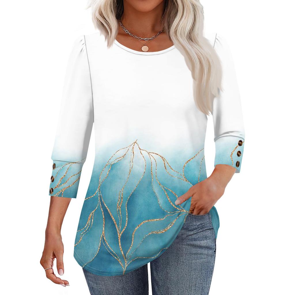 Women's Fashion Casual Vintage Floral Print Round Neck Sevenfold Sleeve T-shirt Top