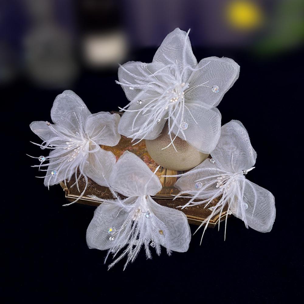 

4PCS Flower Bridal Headdress Fairy Wedding Hwadwear Luxury Silk Feather Hairpins Set Hair Jewelry 4pcs/set