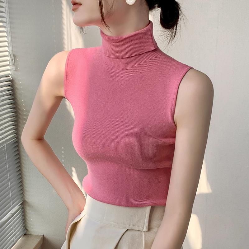 Women's Turtleneck Knit Vest Autumn Winter Slim Fit Slouchy Collar Shrug Sleeveless Lining Top