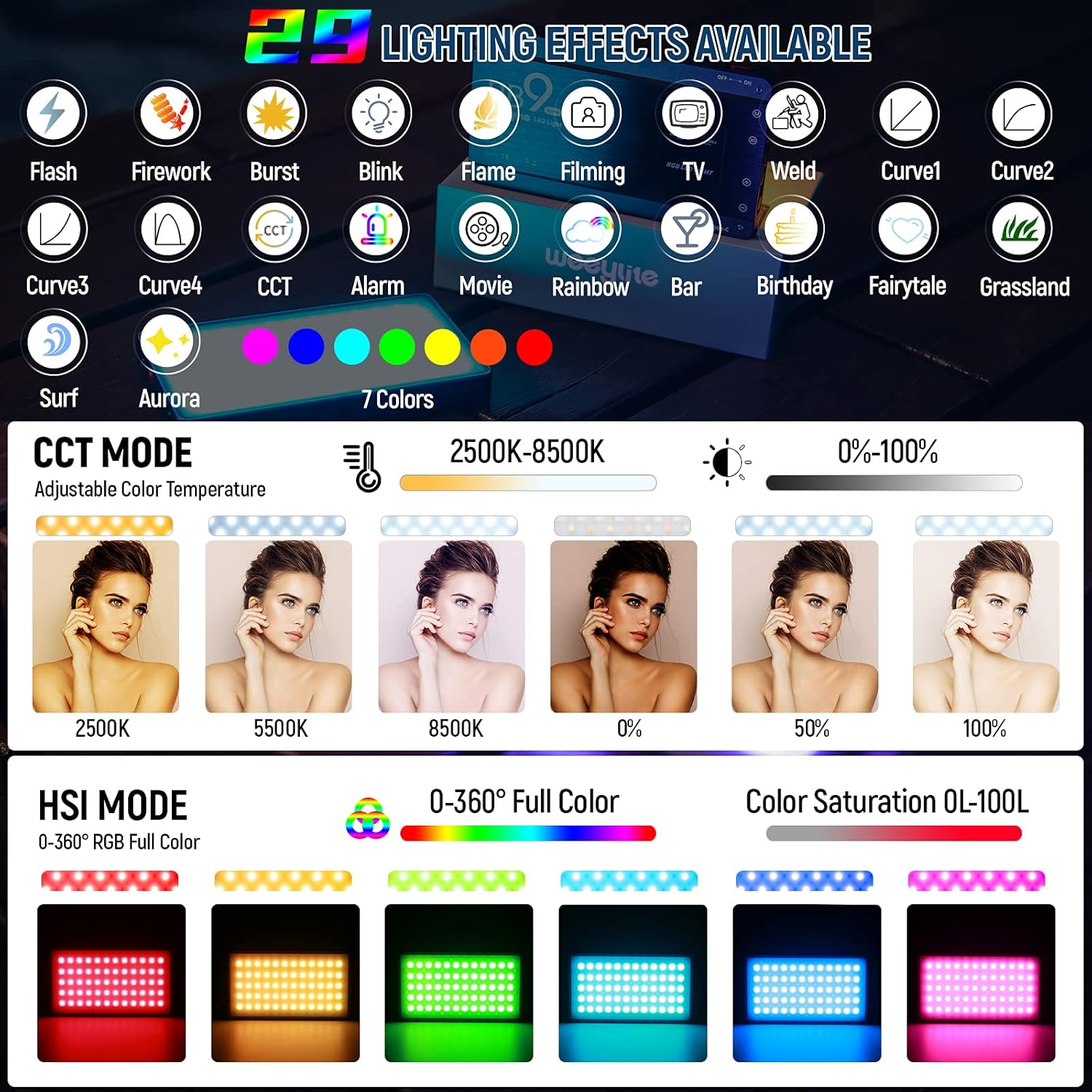 

WEEYLITE RB9 Портативне RGB відеосвітло 2500-8500K 360-градусне повноколірне світло для фотографії/відеозйомки/Tiktok Type A