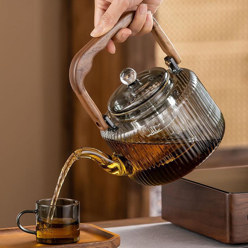 1.2L Glass Teapot with Infuser Tea Pot Wooden Handle Portable Clear Tea Kettle Cooking Puer Flower Water Bottle Home Teaware