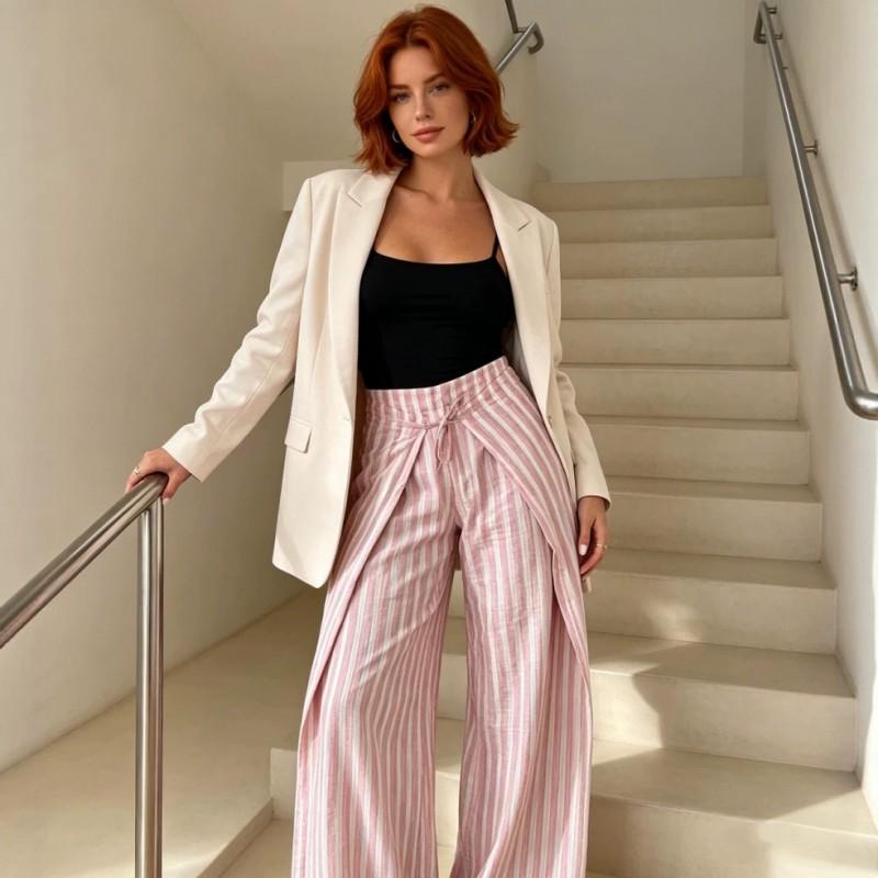 Damen 2026 Locker sitzende High-Waist Gestreifte Weitbeinige Hosen Verstellbarer Bund Bequeme Freizeithosen