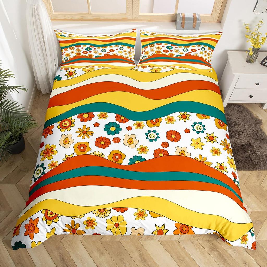 Erosebridal 60S 70S Hippie Duvet Cover Twin Vintage Boho Sun Bedding Set Groovy Flowers Clouds Love Hearts Comforter Cover for Kids Girls Te