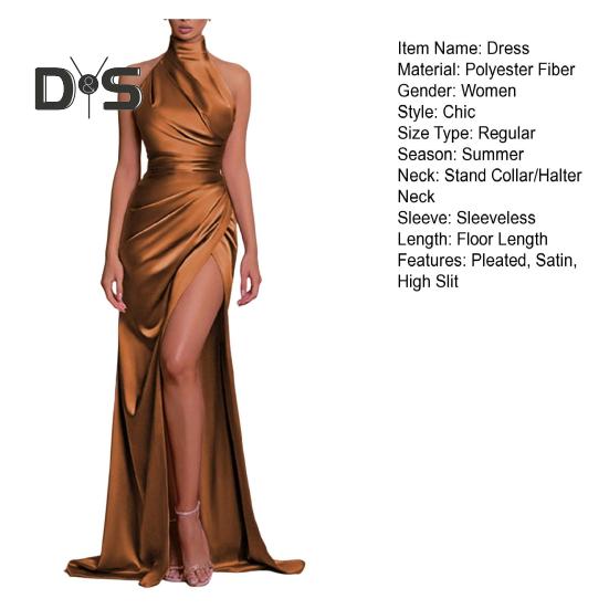 Women Ball Gown Stand Collar Halter Neck Off Shoulder Sleeveless Satin Evening Dress Slim Fit Pleated Solid Color High Slit Floor Length Maxi Dress