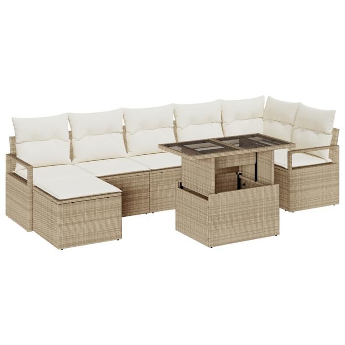 Ensemble de canapé jardin 8 pièces avec coussins Beige Poly Rattan, Canapé jardin 2 places avec coussins Beige Poly Rattan 3348867