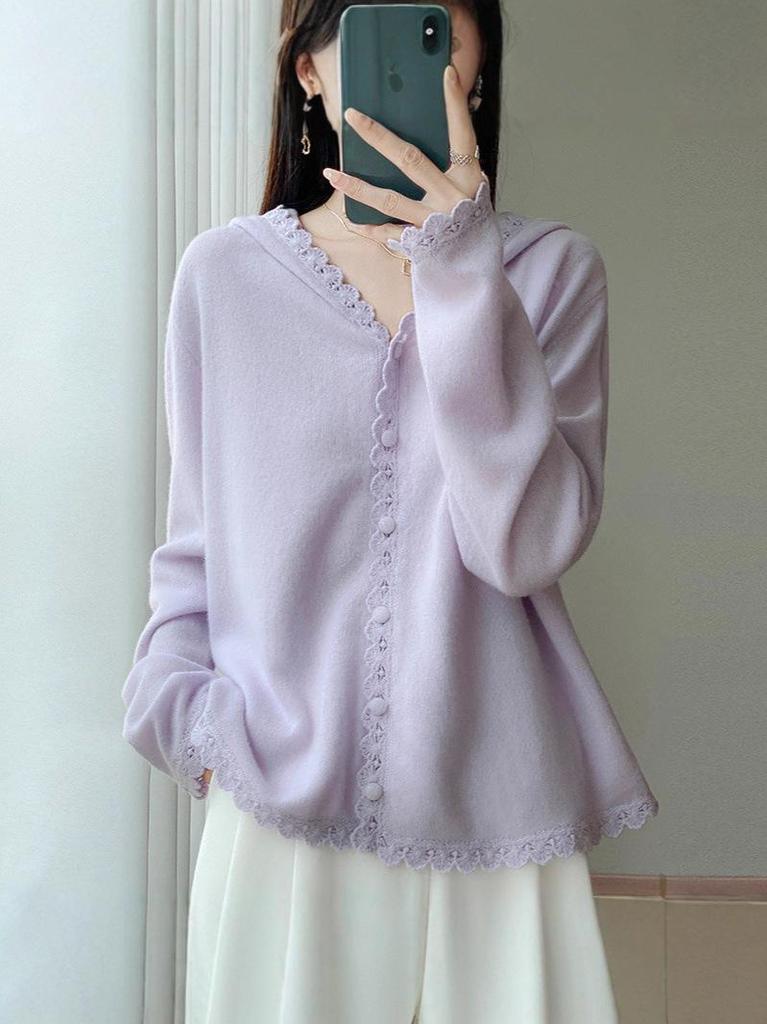 Women's Chic Wool Cardigan Jacket, New Style, Hooded, Long Sleeve with Lace Trim, Versatile Knit Sweater